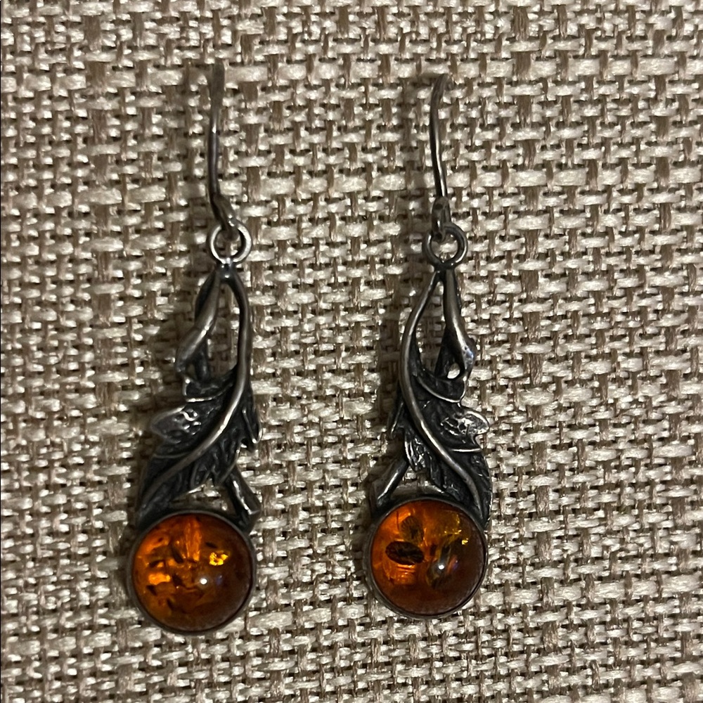 Art Nouveau Amber Sterling Silver
Dangle Drop Earrings Floral Leaf
Vintage 925